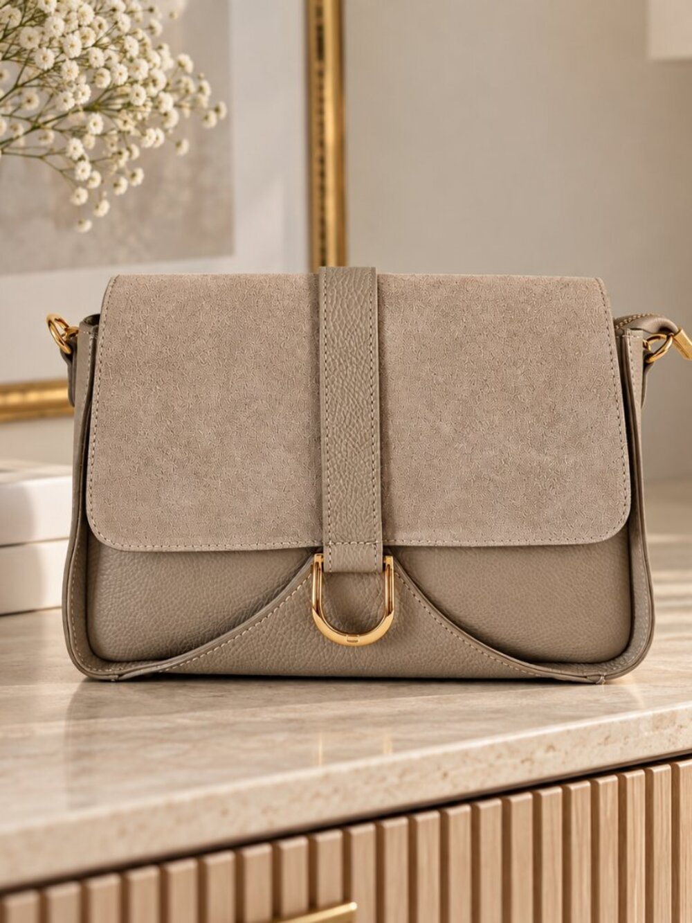 Dark Beige Italian Leather Crossbody Bag, Suede Flap Shoulder Bag